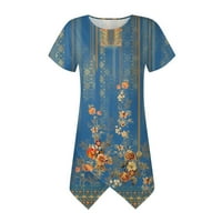 Клиренс Јохоме летни фустани женски кружен врат печати лабава неправилна фустан со кратки ракави со сина боја сина боја