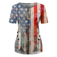 Облечени Блузи За Жени Пролет И Лето Мода Денот На Независноста Печатење Маица Лабава Обична Копче За Полите На Екипажот Украсен
