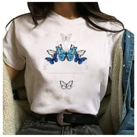 Yyeselk симпатични блузи за жени трендовски обични ролни манжетни кратки ракави Туника врвови мода прекрасна пеперутка печати