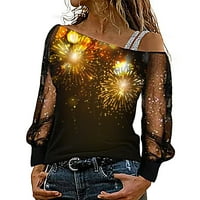 Јуелијанкси Женска Мода Врвна Блуза Печатење Со Светки Мрежа Со Долги Ракави Ладна Кошула Со Рамо Лабава Сплетка Модна Блуза
