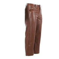 Niuer pu панталони кожни панталони за жени цврста боја висока половината директно широки панталони со нозе тенок вклопуваат