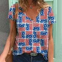 Кратки Ракави Блузи за Жени 4 јули Маица В-Вратот Лабава Фит Блуза Американски Знаме Печатење Маици Кошули