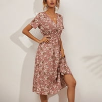 Стабилна мода женска обична V-врат печатена миди здолниште Еластичен фустан од половината розова XL