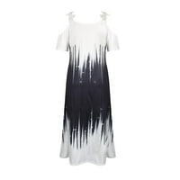 Maseенски фустан моден летен принт V-врат од рамената со кратки ракави за распрснување на чипка, црна, С.