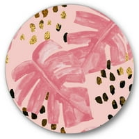 DesignArt 'Груби четкички мозочни удари со розова боја Monstera I' Тропски круг метална wallидна уметност - диск од 36