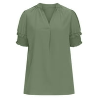 Женска мода цврста боја случајна со кратки ракави со врат од врат од вратот на врвови зелена XL