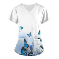 Базиреј Блуза За Женска Женска Мода Работна Облека Со Кратки Ракави Со Кратки Ракави Со Џебови Печатени Врвови Бела ХХЛ