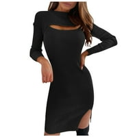 пгерауг есенски фустани за жени фустани за жени еднобојни високи половини шупливи долги ракави тенок црн xl