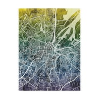 Трговска марка ликовна уметност „Белфаст Северна Ирска Градска мапа сина жолта“ уметност од Мајкл Томпсет