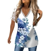 Блузи За Жени В - Вратот Печатени Блуза Краток Ракав Пуловер Сина XL