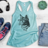 Hipster Cat Top Top, Ladies Racerback резервоарот, резервоарот за мачки, резервоарот за очила за мачки, резервоарот за нерд,