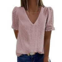 Модни Жени Обични Цврсти Кратки Ракави В-Вратот Чипка Маица Блуза Блузи Розова