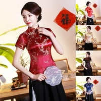 Модни жени кинески тенок танг костум краток ракав врвен штанд јака ретро елегантен