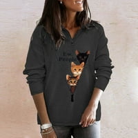 Жените Мода Мачка Печатење V - Вратот Долги Ракави Патент Маица Врвот Блуза Пуловер Hot6sl487108